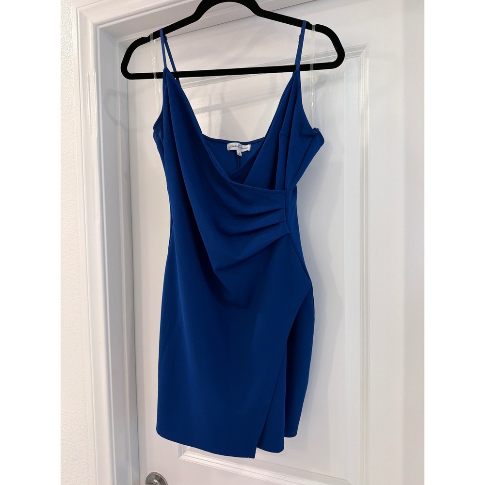 Emerald Sundae Dress Womens Large Royal Blue Ruched Faux Wrap Bodycon Mini V-Nk